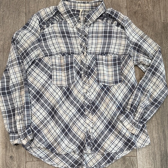 Free People Gauzy Knit Plaid Cutout Button-Up Shirt - Picture 2 of 5